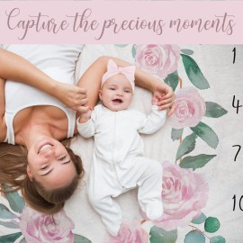 Baby Monthly Milestone Blanket for Baby Girl, Newborn Age Months Blanket Photo Prop with Growth Chart, Floral Wreath & Headband