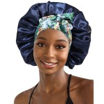 Satin Bonnet for Women Silk Hair Bonnet for Sleeping Cap with Band Double Layer Night Cap for Curly Hair Wrap (Navy(Leopard Band))