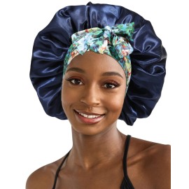 Satin Bonnet for Women Silk Hair Bonnet for Sleeping Cap with Band Double Layer Night Cap for Curly Hair Wrap (Navy(Leopard Band))