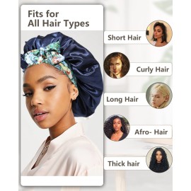Satin Bonnet for Women Silk Hair Bonnet for Sleeping Cap with Band Double Layer Night Cap for Curly Hair Wrap (Navy(Leopard Band))