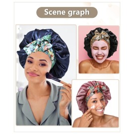 Satin Bonnet for Women Silk Hair Bonnet for Sleeping Cap with Band Double Layer Night Cap for Curly Hair Wrap (Navy(Leopard Band))