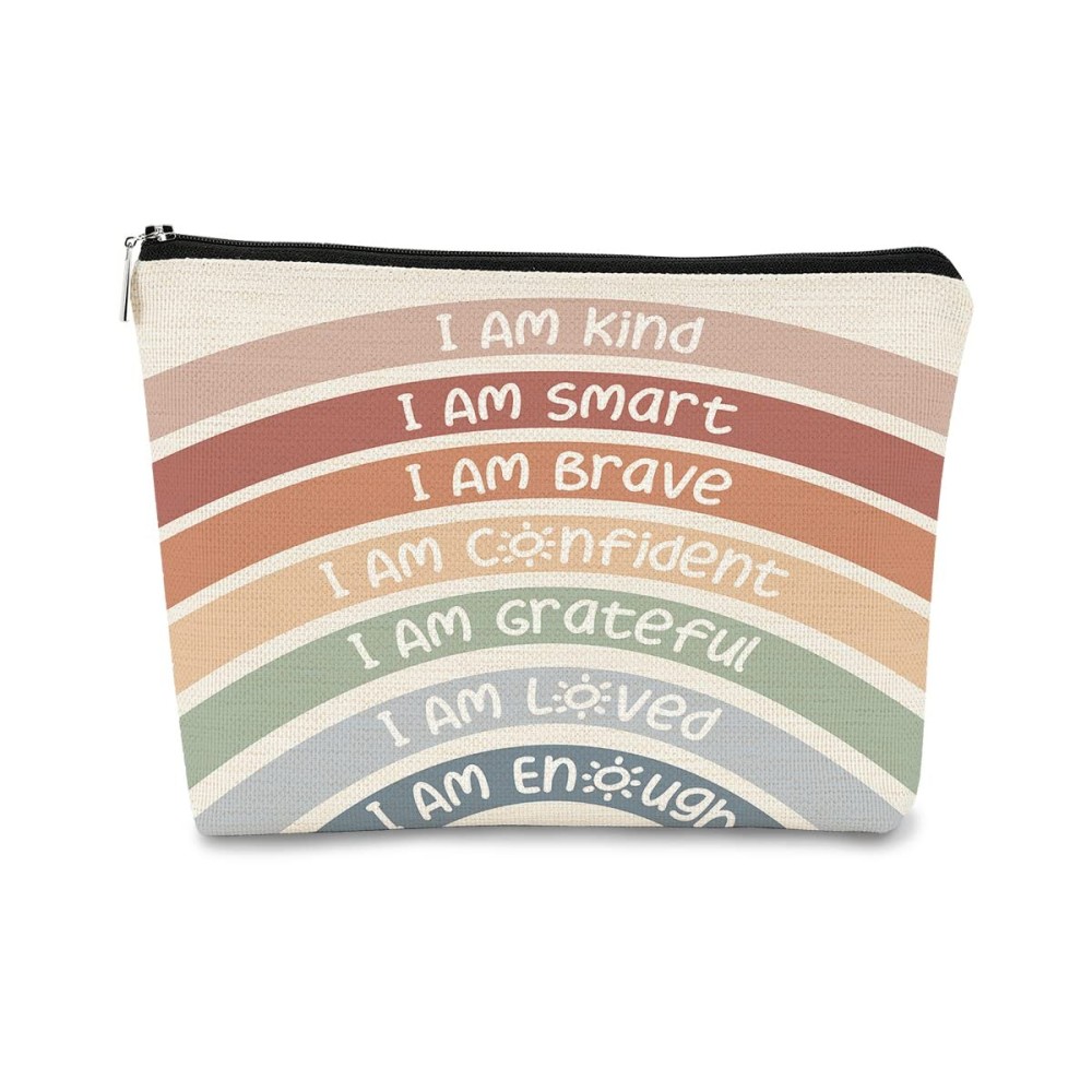 BARPERY I Am Kind I Am Smart I Am Brave Inspirational Makeup Bag,Makeup Bags for Women, Rainbow Cosmetic Bag Gift for Women,Inspirational Gifts for Women Teacher Coworker