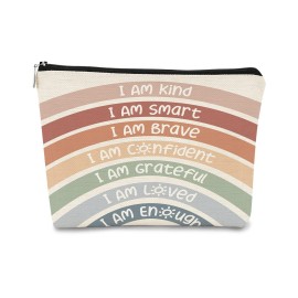 BARPERY I Am Kind I Am Smart I Am Brave Inspirational Makeup Bag,Makeup Bags for Women, Rainbow Cosmetic Bag Gift for Women,Inspirational Gifts for Women Teacher Coworker