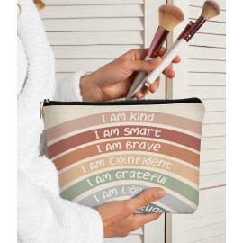 BARPERY I Am Kind I Am Smart I Am Brave Inspirational Makeup Bag,Makeup Bags for Women, Rainbow Cosmetic Bag Gift for Women,Inspirational Gifts for Women Teacher Coworker
