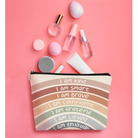 BARPERY I Am Kind I Am Smart I Am Brave Inspirational Makeup Bag,Makeup Bags for Women, Rainbow Cosmetic Bag Gift for Women,Inspirational Gifts for Women Teacher Coworker