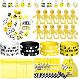 Wood Homing 72PCS One Happy Dude Birthday Party Favor for Kids Smile Face Theme Gifts Set Include Bracelet Tatto Thank You Card with Keychain and Organza Smile Party Classroom School Supplies