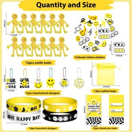 Wood Homing 72PCS One Happy Dude Birthday Party Favor for Kids Smile Face Theme Gifts Set Include Bracelet Tatto Thank You Card with Keychain and Organza Smile Party Classroom School Supplies