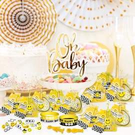 Wood Homing 72PCS One Happy Dude Birthday Party Favor for Kids Smile Face Theme Gifts Set Include Bracelet Tatto Thank You Card with Keychain and Organza Smile Party Classroom School Supplies