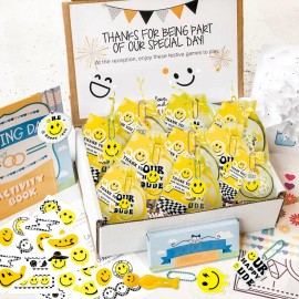 Wood Homing 72PCS One Happy Dude Birthday Party Favor for Kids Smile Face Theme Gifts Set Include Bracelet Tatto Thank You Card with Keychain and Organza Smile Party Classroom School Supplies