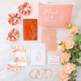 Cunno 48 Pcs Bridesmaid Proposal Gift Set with Cosmetic Bags, Scrunchies, Bracelets and Cards in Rose Pink