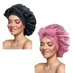 Satin Bonnet Silk Bonnet Hair Bonnet for Sleeping Large Bonnets with Tie Band Hair Wrap with Adjustable Straps Hair Cap Night Sleep Caps for Women Curly Braid Hair(Black,Dark Pink)