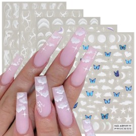 SILPECWEE 7 Sheets 5D Cloud Nail Stickers for Women, Girls & Kids - French Stripe, Star, Butterfly, Marble Nail Art Stickers - White Nail Decals - Self Adhesive Nail Designs