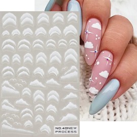 SILPECWEE 7 Sheets 5D Cloud Nail Stickers for Women, Girls & Kids - French Stripe, Star, Butterfly, Marble Nail Art Stickers - White Nail Decals - Self Adhesive Nail Designs