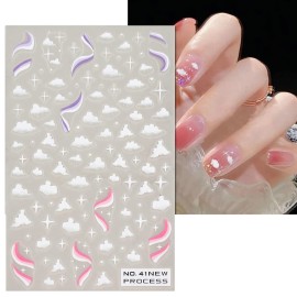 SILPECWEE 7 Sheets 5D Cloud Nail Stickers for Women, Girls & Kids - French Stripe, Star, Butterfly, Marble Nail Art Stickers - White Nail Decals - Self Adhesive Nail Designs