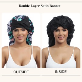 AWAYTR Long Satin Bonnet for Women - Double Layer Elastic Silk Bonnet for Braids Hair Sleeping Cap with Tie Band (Flower D)