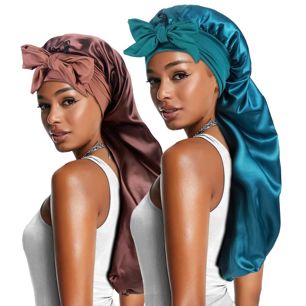 2pcs Long Satin Bonnets with Tie Band, Large Braid Bonnet Silky Hair Cap for Locs Women Sleeping, H