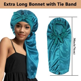 2pcs Long Satin Bonnets with Tie Band, Large Braid Bonnet Silky Hair Cap for Locs Women Sleeping, H