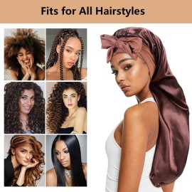 2pcs Long Satin Bonnets with Tie Band, Large Braid Bonnet Silky Hair Cap for Locs Women Sleeping, H