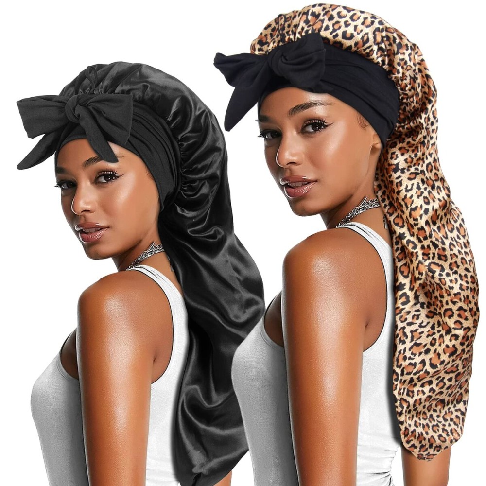 2pcs Long Satin Bonnets with Tie Band, Large Braid Bonnet Silky Hair Cap for Locs Women Sleeping, B 2pcs Long Satin Bonnets with Tie Band, Large Braid Bonnet Silky Hair Cap for Locs Women Sleeping, B