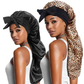 2pcs Long Satin Bonnets with Tie Band, Large Braid Bonnet Silky Hair Cap for Locs Women Sleeping, B