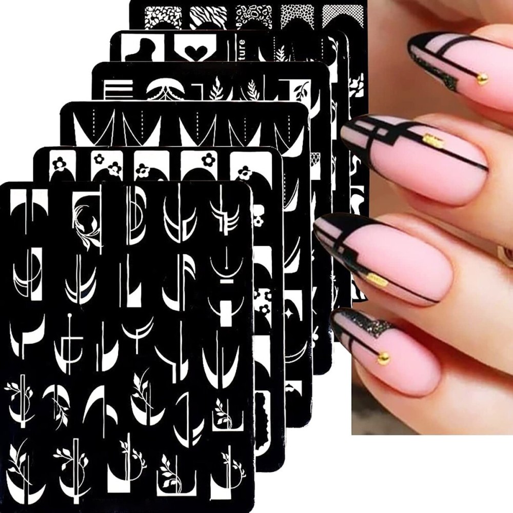 6Pcs Nail Art Stamping Templates Set with French Line Flowers Leaves Smiley Heart Design Art Stamping Kits DIY Printing Tools Fashion Art Decoration for Women and Girls