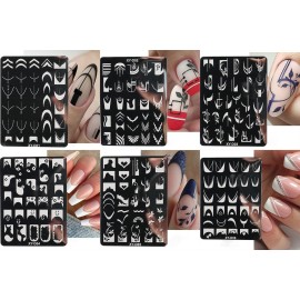 6Pcs Nail Art Stamping Templates Set with French Line Flowers Leaves Smiley Heart Design Art Stamping Kits DIY Printing Tools Fashion Art Decoration for Women and Girls