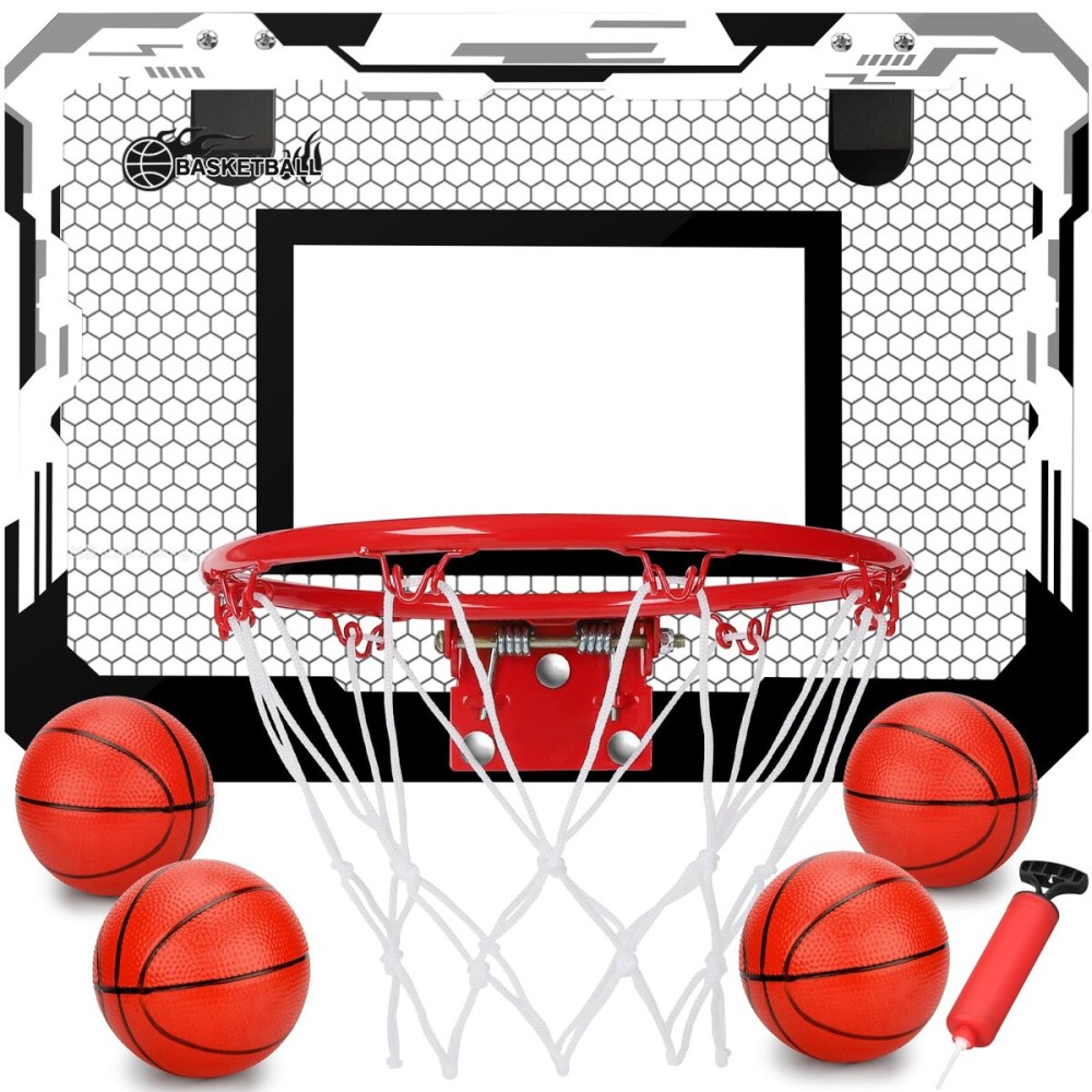 Indoor Over Door Mini Basketball Hoop Set for Kids Adults, Upgrade Wall Mount Basketball Hoop for Wall with Large Dunk Rim, Room Basketball Hoops Game with 4 Small 6 Balls Gift for Boys Girls Teen