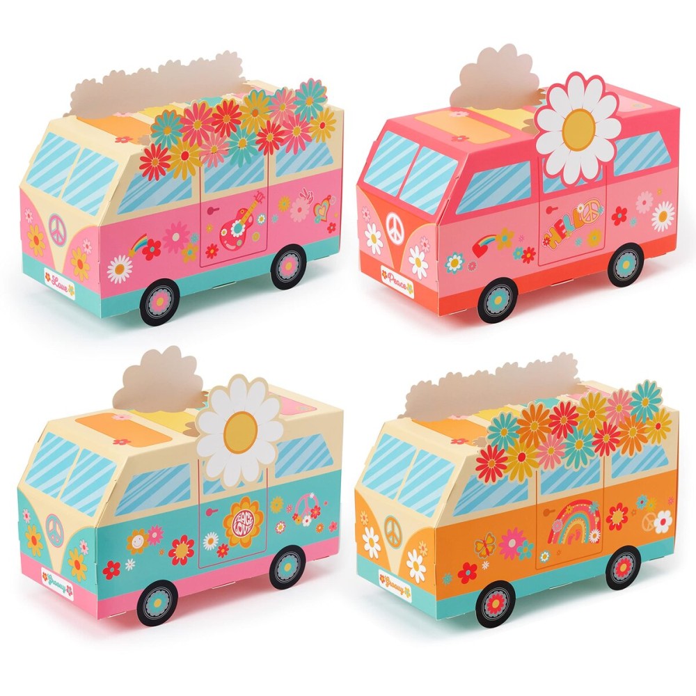ANGOLIO 12Pcs Groovy Party Favor Boxes Groovy Hippie Peace Bus Centerpiece Birthday Party Decorations Peace Signs Daisies Rainbows for Baby Girls Kids Boho Hippie Birthday Decoration Supplies