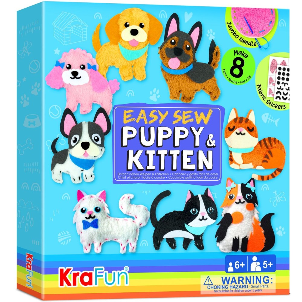 KRAFUN Easy Sewing Kit for Beginner Kids Arts & Crafts, 8 Easy DIY Projects of Stuffed Animal Dolls of Puppies & Kittens, Dogs and Cats, Instructions & Felt, Gift for Girls, Boys, Learn to Sew