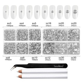 Beadsland 8300PCS Flatback Rhinestones, Clear Rhinestone Nail Gems Round Crystal Rhinestones for Crafts, Mixed 10 Sizes with Wax Pencil and Tweezer Kit, SS3-SS30, Crystal