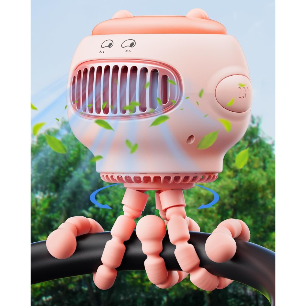 coldSky Stroller Fan, Baby Fan with 130 Auto Oscillating, 4000mAh Battery Operated Mini Portable Fan with Digital Display, 4 Speeds Flexible Tripod Clip On Fan for Car Seat Crib Pink