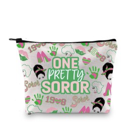 Sorority Makeup Bag Paraphernalia Gift Pink and Green Black Greek Sorority Gift One Prettty Soror Zipper Pouch for Soror Black Womens (One Pretty Bag)