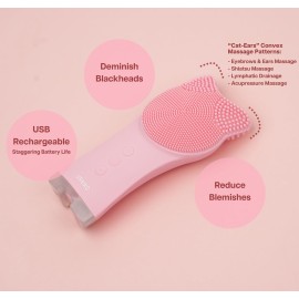 VRAIKO MIA Facial Cleansing Brush, Waterproof Rechargeable Face Cleansing Brush, with Soft Silicone and Adjustable Sonic Vibration, for Deep Cleansing Gentle Exfoliating and Massaging (Pink)