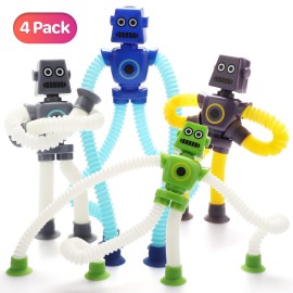 Boxgear 4 Pieces LED Telescopic Suction Cup Giraffe Toy, Shape Changing Telescopic Tube Fidget Toys, Pop Tubes, Fidget Tubes Sensory Toys for Girls Boys (Robot)