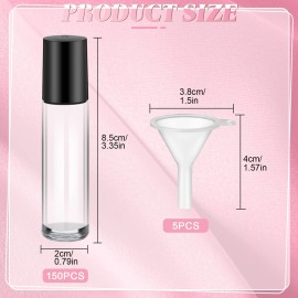 Sumind 150 Pcs Essential Oil Roller Bottles 10 ml Glass Empty Roll on Bottles with Stainless Steel Balls Leak Proof with 5 Funnel for Travel Essential Oil(Clear)