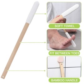 Yaomiao Set of 2 Long Handle Toe Brush 15.75 Inches Wooden Foot Towel Brush with Reusable Remove Soft Drying Covers for Foot Scrubber Cleaning Between Toes
