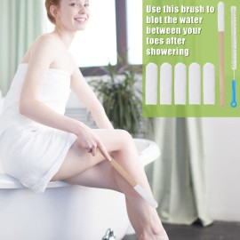 Yaomiao Set of 2 Long Handle Toe Brush 15.75 Inches Wooden Foot Towel Brush with Reusable Remove Soft Drying Covers for Foot Scrubber Cleaning Between Toes