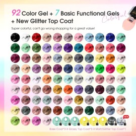 ROSALIND 100PCS Gel Nail Polish Set, 92 PCS Colors Gel Polish Set with 8 Bottles of Base and Glossy Matte Top Coat Starter Nail Set Suitable for All Seasons Gift for Women