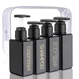 Hethyo Travel Bottles Travel Accessories Toiletries 4 Pack 3.7oz/110ml Travel Shampoo And Conditioner Bottles Empty Plastic Pump Bottle Dispenser Travel Size Bottles (3labels &1blank black)