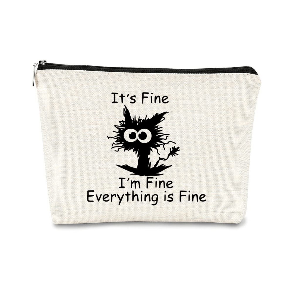 BARPERY Cat Makeup bag It\'s Fine Everything is Fine Inspirational Funny Cat Kitten,Cosmetic Bag Zipper Travel Toiletry Bag Best Gift Idea for Cat Lovers Teen Girls,Cat Owners Gifts,Birthday Gift