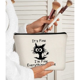 BARPERY Cat Makeup bag It\'s Fine Everything is Fine Inspirational Funny Cat Kitten,Cosmetic Bag Zipper Travel Toiletry Bag Best Gift Idea for Cat Lovers Teen Girls,Cat Owners Gifts,Birthday Gift