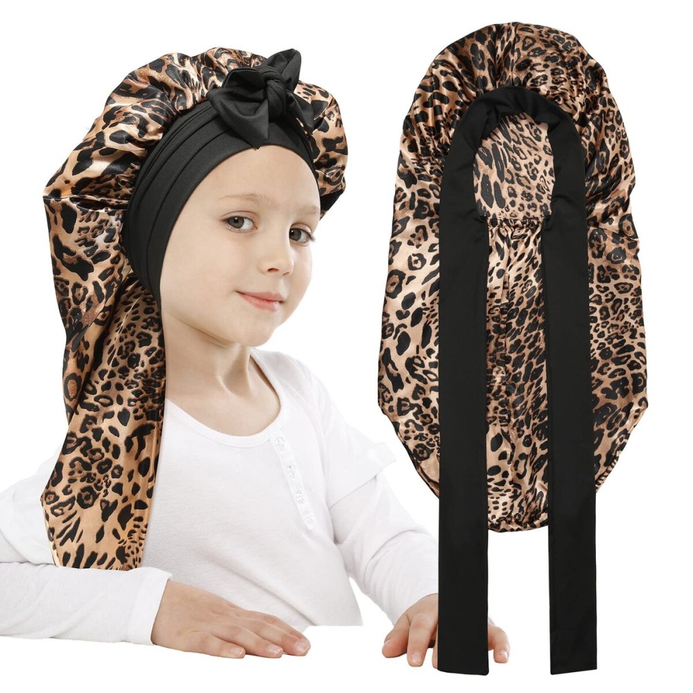AWAYTR Long Toddler Silk Bonnet for Sleeping Elastic Satin Bonnets for Curly Hair Braid Night Cap for Aged 3-12 Kids (Leopard)