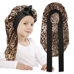 AWAYTR Long Toddler Silk Bonnet for Sleeping Elastic Satin Bonnets for Curly Hair Braid Night Cap for Aged 3-12 Kids (Leopard)
