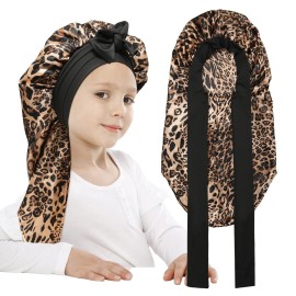 AWAYTR Long Toddler Silk Bonnet for Sleeping Elastic Satin Bonnets for Curly Hair Braid Night Cap for Aged 3-12 Kids (Leopard)