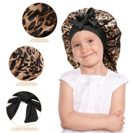 AWAYTR Long Toddler Silk Bonnet for Sleeping Elastic Satin Bonnets for Curly Hair Braid Night Cap for Aged 3-12 Kids (Leopard)