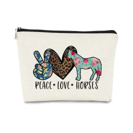 BARPERY Horse Themed Cosmetic Bag, Multicolor Floral Leopard, Women\'s Makeup Bag, Gym Travel Organizer, Funny Horse Theme, Soft Linen Fabric, 7.5 x 10 Inches