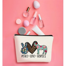 BARPERY Horse Themed Cosmetic Bag, Multicolor Floral Leopard, Women\'s Makeup Bag, Gym Travel Organizer, Funny Horse Theme, Soft Linen Fabric, 7.5 x 10 Inches