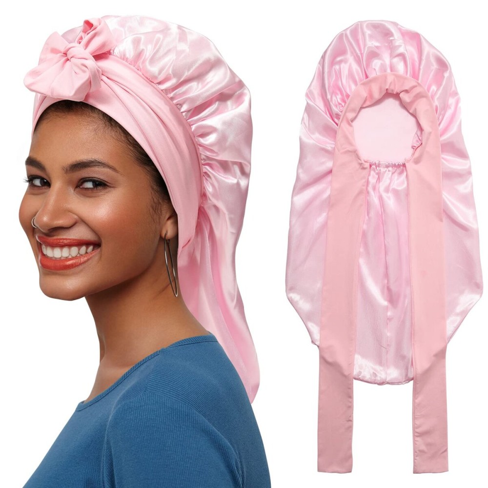 AWAYTR Long Satin Bonnet for Braids - Elastic Silk Hair Bonnets for Sleeping Night Cap Stretchy Tie Band for WomenPink