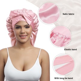 AWAYTR Long Satin Bonnet for Braids - Elastic Silk Hair Bonnets for Sleeping Night Cap Stretchy Tie Band for WomenPink