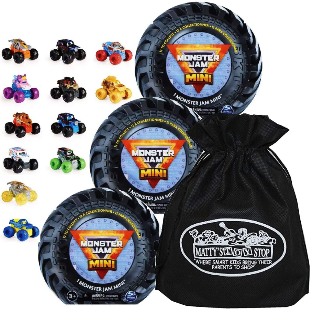 Matty\'s Toy Stop Monster Jam Mini Mystery Collectible Monster Trucks (1:87 Scale) Gift Set Party Bundle Storage Bag - 3 Pack (Assorted)